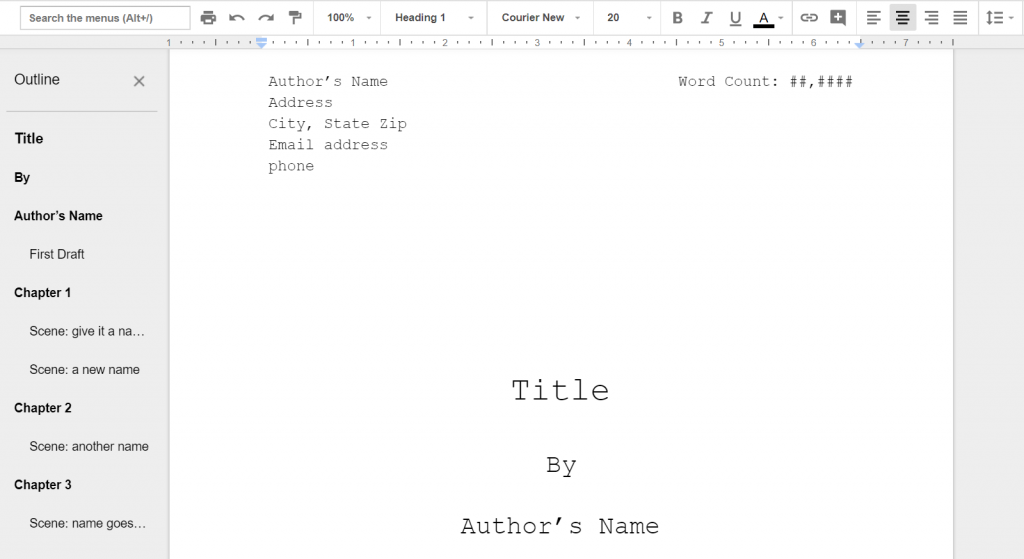 Manuscript title page with Google Docs outline